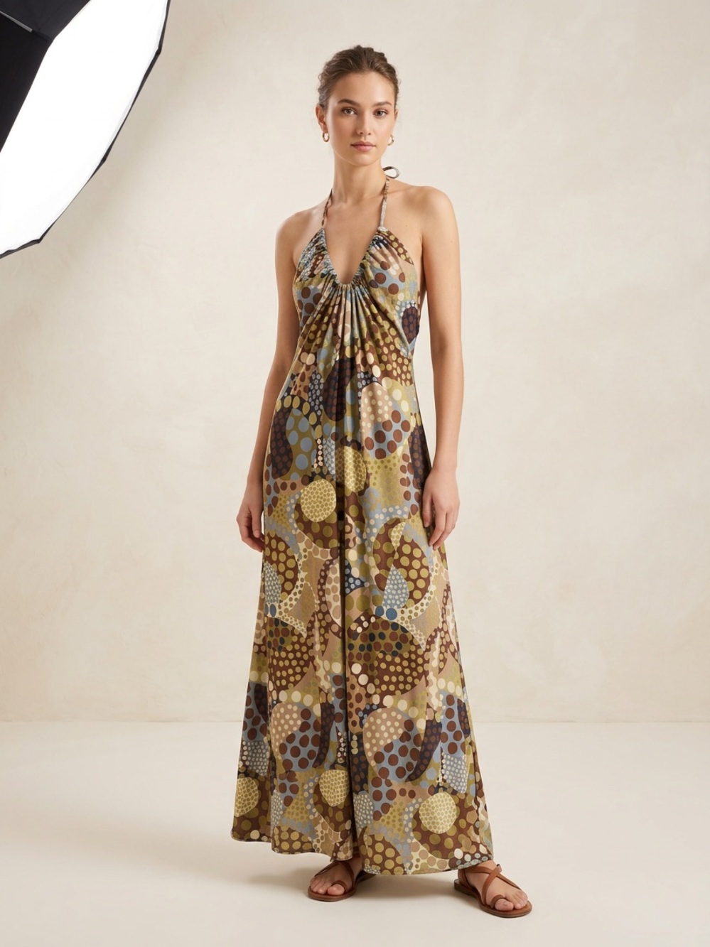 Elan Halter Backless Maxi Dress in Olive, Brown and Blue Dot Print